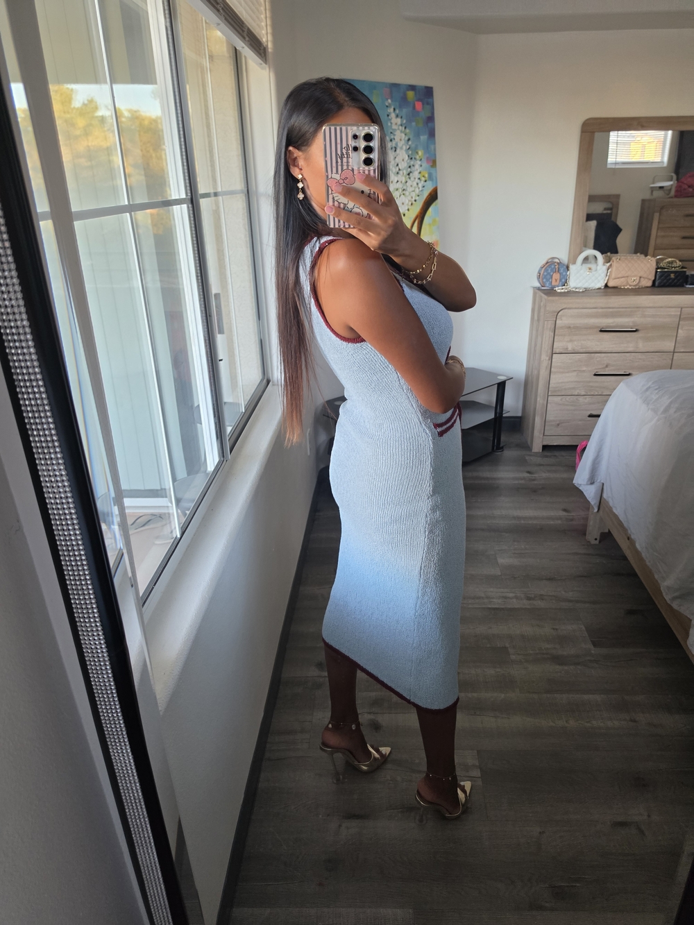 Sleeveless Light Blue Knit Midi Dress with Burgundy Trim Stretchy - Picture 10 of 17